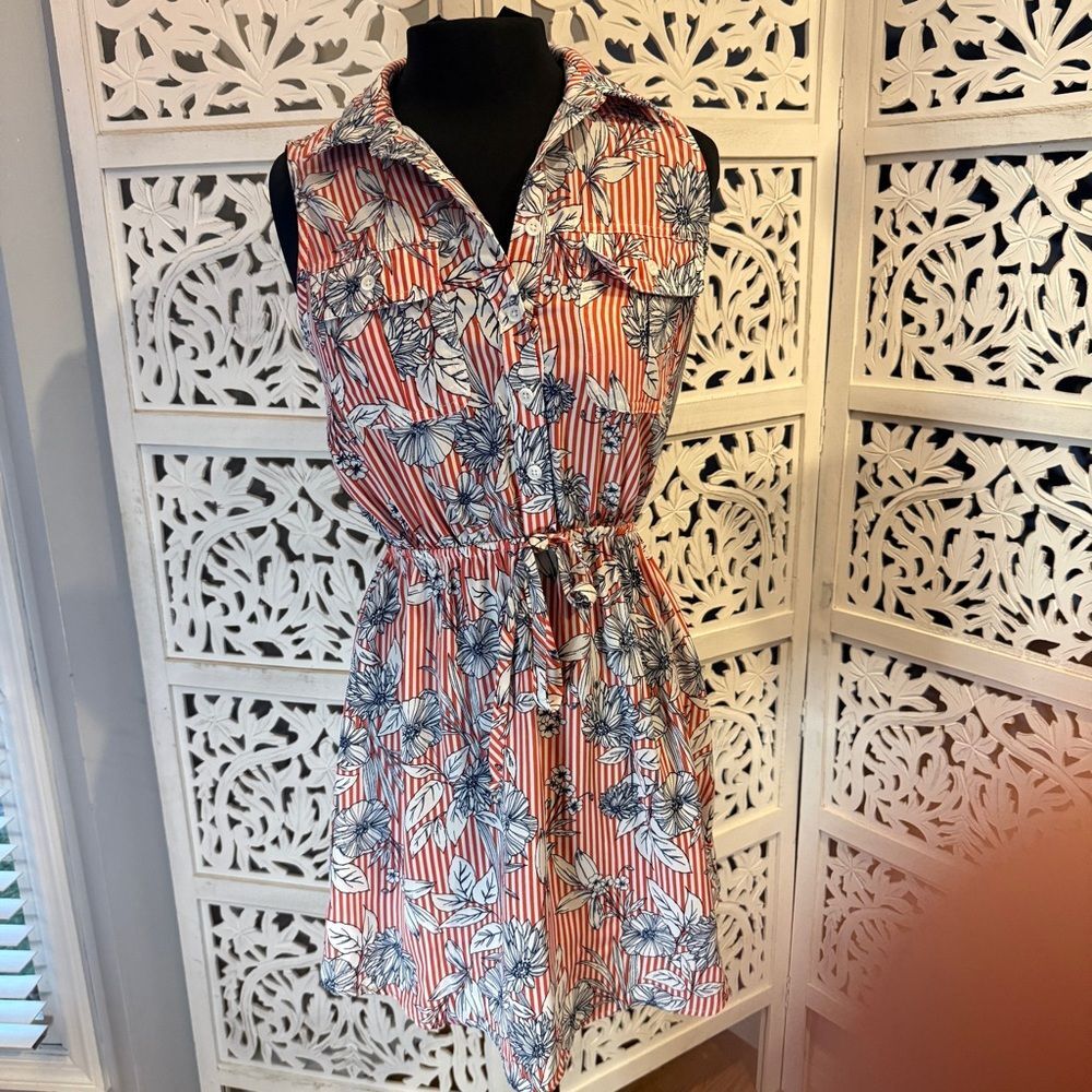 NWT BeBop Coral Stripe with Navy Floral Overlay Dress Sz M